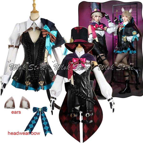 Tema Costume Cosplay Genshin Impact Lyney Costume Cosplay Parrucca Set completo Cappello da mago Lynette Grande fiocco Copricapo Orecchie di coda per la festa di Halloween