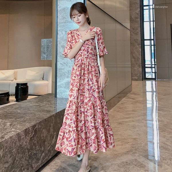 Casual Kleider Sommer Korean Fashion Kleid Frauen Rosa V-Ausschnitt Floral Chiffon Lose Dünne Vintage Sexy Party Abend Nacht Maxi Frau