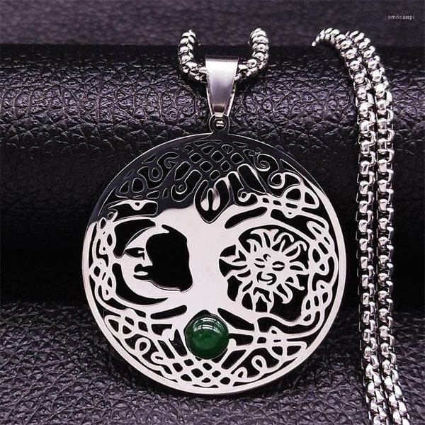 Anhänger Halsketten Irish Knot Weissagung Baum des Lebens Sonne Mond Edelstahl Naturstein Kette Frauen Silber Farbe Schmuck N4410S04