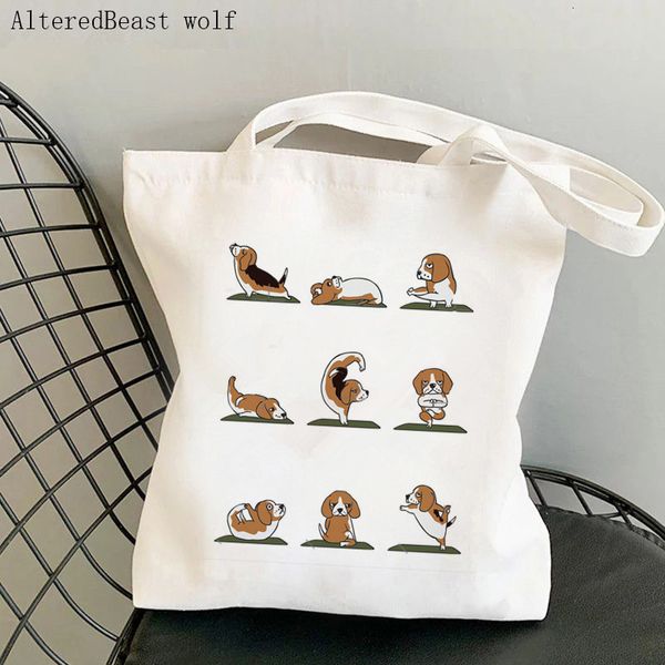 Sacca per la spesa borse shopper beagle cane yoga stampato kawaii harajuku tela tela borsetta tote spalla donna 230404