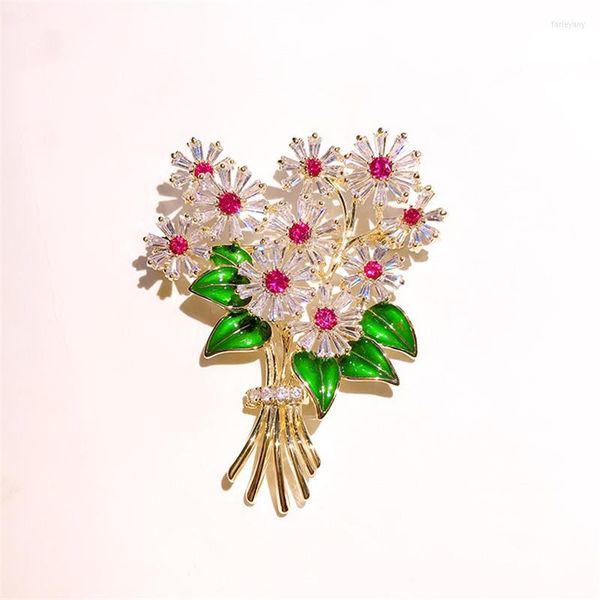 Broschen Romantische Süße Zirkonia Bouquet Pins Damenmode Hochzeit Corsage Brosche Pin Vergoldet Ansteckblume