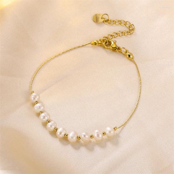 Filo di perle d'acqua dolce Bracciale in acciaio inossidabile Gioielli da donna regolabili Regalo Placcatura a catena in oro PVD18K