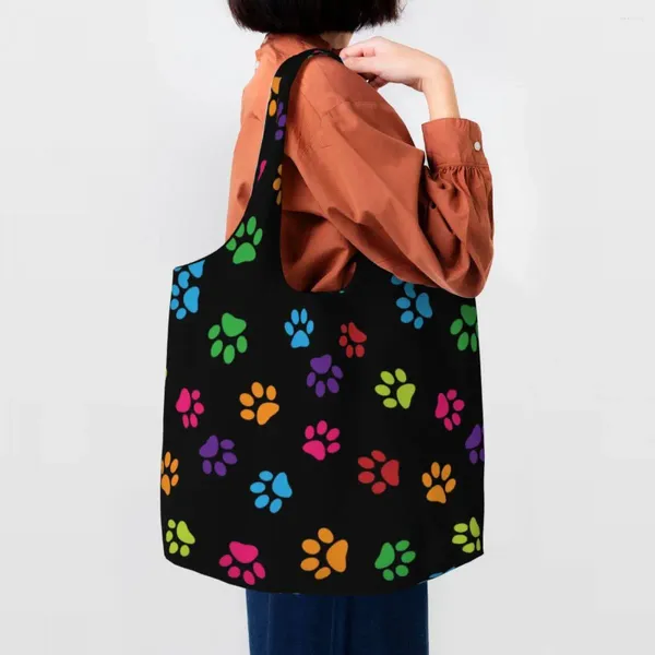 Alışveriş çantaları renkli evcil köpek pençeleri desen bakkal baskı tuval alışveriş omuz tote çanta büyük kapasiteli dayanıklı el çantası