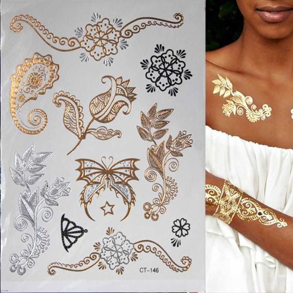 5 STÜCK Temporäre Tattoos Hot Flash Metallic Wasserdicht Temporäre Tätowierung Gold Silber Tatoo Frauen Henna Blume Taty Design Tattoo Aufkleber Z0403