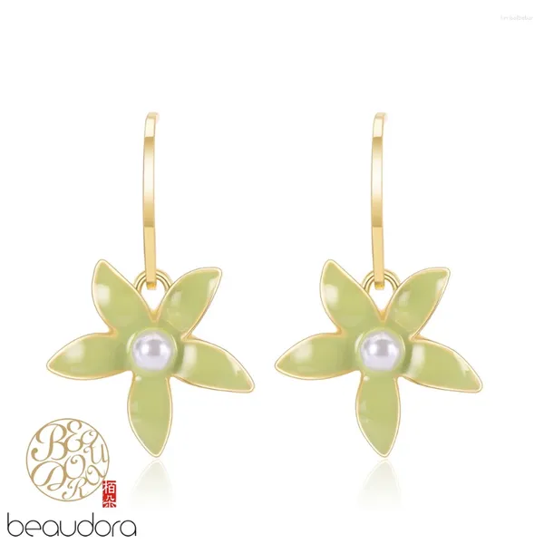 Orecchini pendenti BEAUDORA Produttore Vendita diretta Gioielli personalizzati Design floreale in smalto verde pistacchio Penzoloni Trendy Dainty Jewe