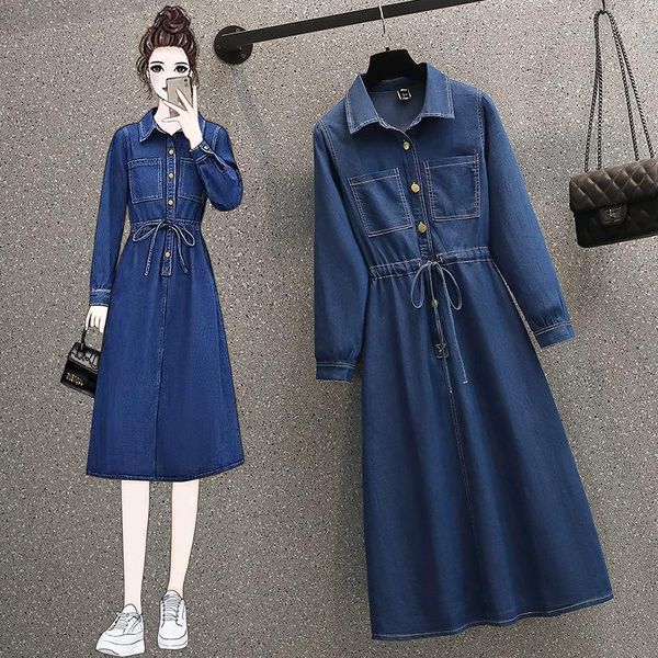 Lässige Kleider Übergroße Damenbekleidung 2023 Frühling Retro Bund Denim Kleid Temperament Mode Koreanische Midi Jeans Vestidos Z039