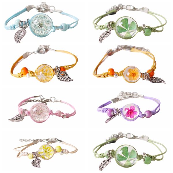 Moda Bohemia Chakras Bracelet Multicolor Ajuste Ajusta Ajusta Ajusta Ajusta Braceleta Com Cerâmica Vidro de Vidro de Flora Seca