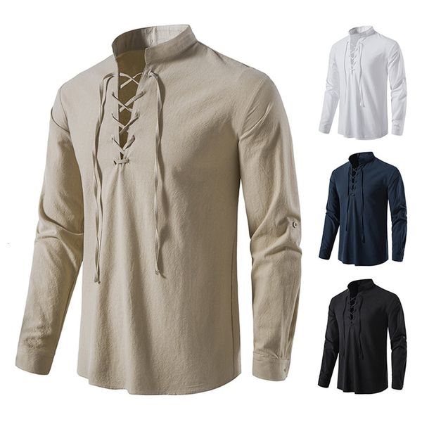 Magliette da uomo Camicia di lino in cotone da uomo Vintage Solido abbottonatura inclinata T-shirt a maniche lunghe da uomo Primavera Autunno Moda casual Camicie da yoga 230404