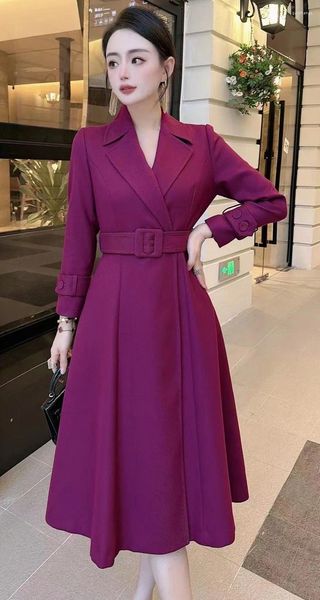 Casacos de Trench das Mulheres 3xl 2xl Mulheres Casaco Longo Outerwear 2023 Outono Inverno Overcoats Senhoras Turn-down Collar Cinto Ajustável Roxo Azul Escuro