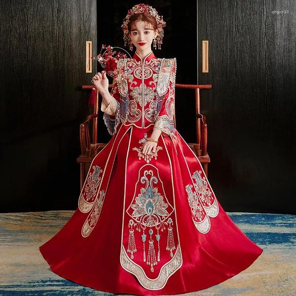 Ethnische Kleidung Vintage elegante orientalische Braut traditionelles Kostüm im chinesischen Stil Pailletten Perlen Quasten Hochzeitskleid Zeremonie Toast