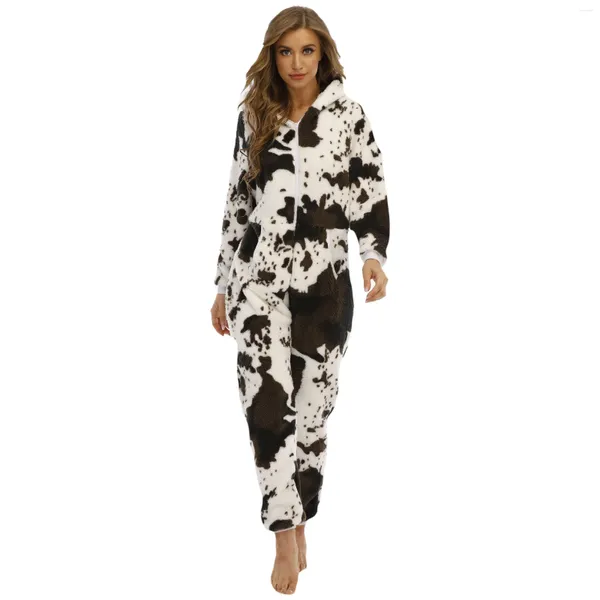 Indumenti da notte da donna 2024 Mucca Onesies sexy Donna Inverno caldo peluche pagliaccetto con cappuccio Imposta pigiama a maniche lunghe con cerniera Moda Homewear