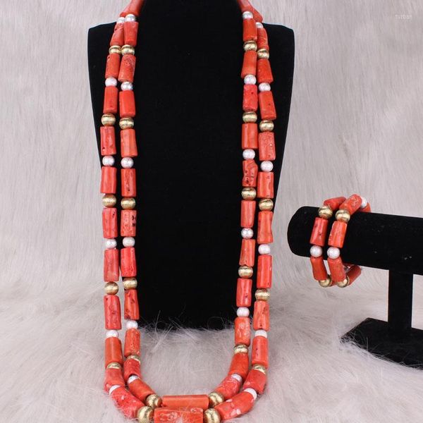 Brincos de colar Conjunto Dudo 45 polegadas Africano Coral Rios Jóias para homens Natureza Nigeriana Tradicional Casamento 2 Camadas