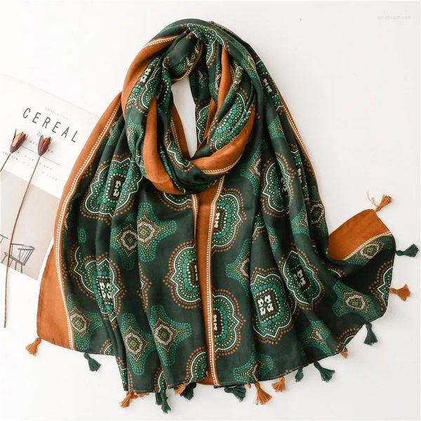 Lenços Mulher de luxo lenço verde combinando borla viscose xale senhora de alta qualidade envoltório fino pashmina roubou muçulmano hijab 180 / 90cm