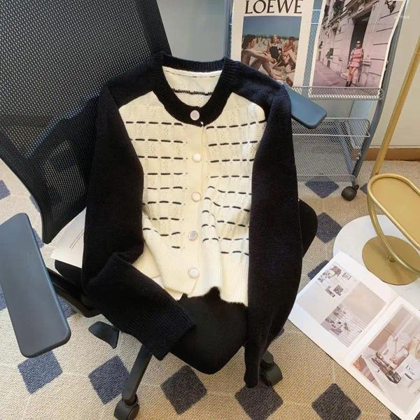 Kadın Sweaters Dayifun Renk Bloklu Çizgili Örgü Hırka Kadınlar Uzun Kollu O yakalı örgü 2023 Sonbahar Kış Vintage şık zarif