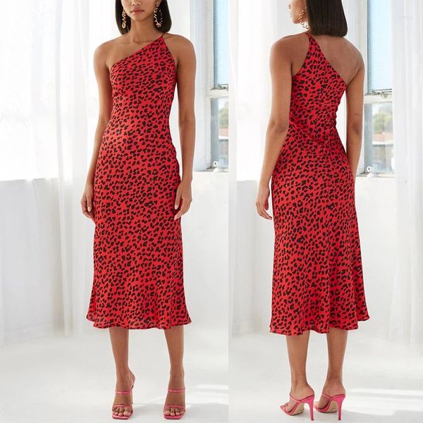 Lässige Kleider LY019 Sommer Rot Leopard Polka Dot Print Taille Sexy One-Shoulder-Spaghettibügel Mode Vintage Frauen Partykleid