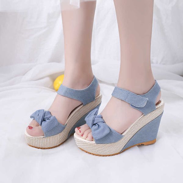 Sandali Fashion Denim Bow Decor Sandali con zeppa Slingback Summer Outdoor Platform Slides 2023 Scarpe da donna Aumenta l'altezza Sandali femminili AA230403