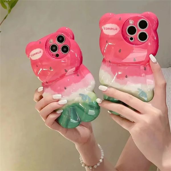 Telefoonhoesje 3D Koreaanse Cartoon Watermeloen Beer Schattig voor iPhone 14 Pro Max 11 12 13 XR Xs Interessante Creatieve Fruit Siliconen Cover 231104