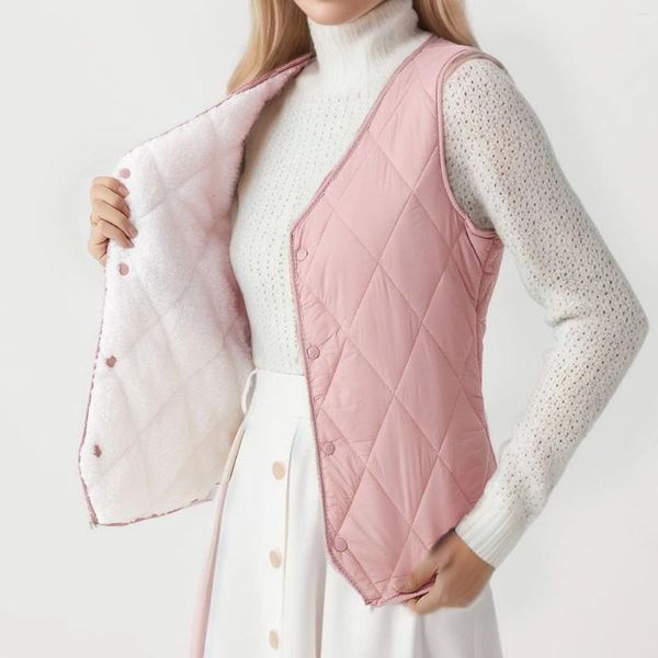 Coletes femininas Mulheres acolchoadas colete colarinho leve botão de resina velo gilet zip up jaqueta com capuz