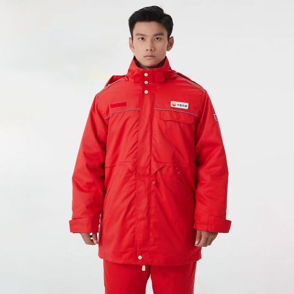 Novo casaco de algodão campo petrolífero grande óleo vermelho e resistente ao calor terno de trabalho conjunto de casaco de algodão de inverno para homens e mulheres