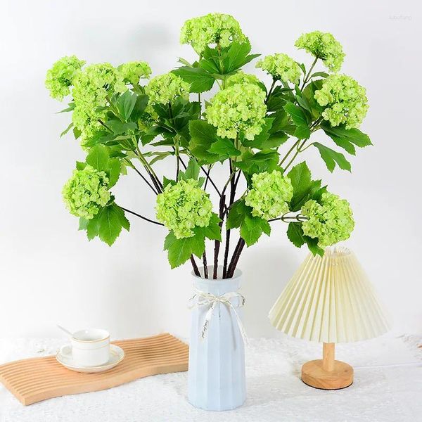 Flores decorativas artificiais de ramo único, 3 garfos, bola de neve da sorte, madeira, hortênsia, flor de seda, casamento, decoração de casa