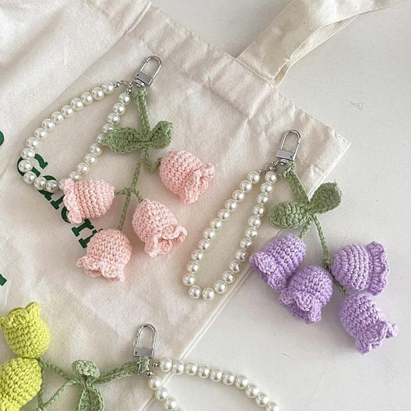 Portachiavi Simpatico bouquet Portachiavi per auto Donne all'ingrosso Ciondolo fiore viola lavorato a maglia per chiavi Accessori Portachiavi borsa tulipani