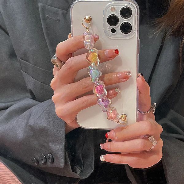 Custodia per telefono Corea Cute Love Heart Bracciale Catena da polso Box per iPhone 13 12 14 Pro Max MiNi 11 XR X XS 7 8 plus 6S SE3 Cover morbida trasparente 231104