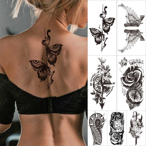 5 PC Tattoos temporários Tatuagem de tatuagem temporária Tatuagem A velha escola Tattofly Tatto Flowers Wing Clock Art Art Arm Fake Sleeve Tatoo Z0403