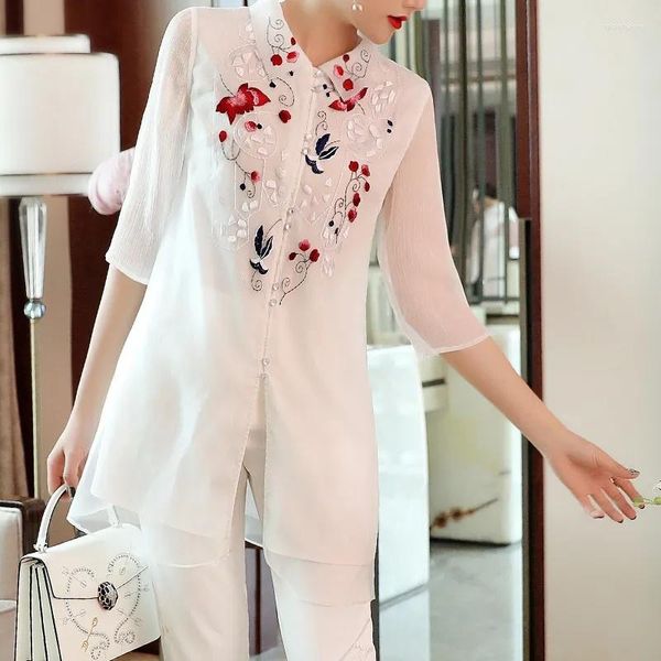 Camicette da donna camicie in stile cinese camicetta primavera estate camicia vintage donna cheongsam colletto blusa bianca busha ladies lunghi top rosa lunghi