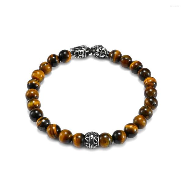 Strand National Style Retro Tradition Jewelry Men Buddha Head Lucky Tiger's Eye Stone Bracciale con perline blu 22 cm