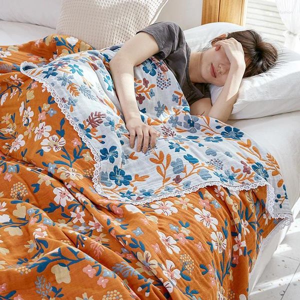 Coperte Coperta per il tempo libero nordica Asciugamano in garza di cotone Divano morbido Copriletto per adulti Four Seasons Lenzuolo con fiori piccoli Arredamento Boho