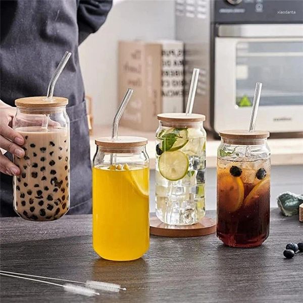 Weingläser 550 ml transparente Trinkutensilien Kaffeeglastasse mit Strohhalmen Milch Bier Cola Saft kaltes Getränk handgemachter Dosendeckel