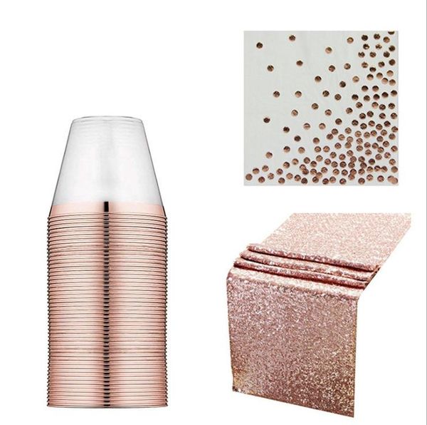 Stoviglie usa e getta 50 pezzi Set di stoviglie in plastica Oro rosa Argento Glitter Bicchieri di carta Cannuccia Tbalerunner Adatto per matrimoni e feste