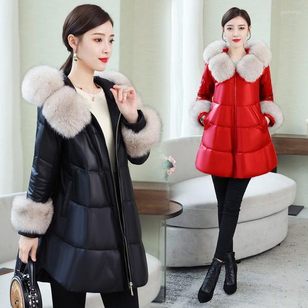 Женская кожа 2023 зимняя хлопчатобумажная одежда корейская дамская меховая манжета и воротник свободная куртка средней длины M1269