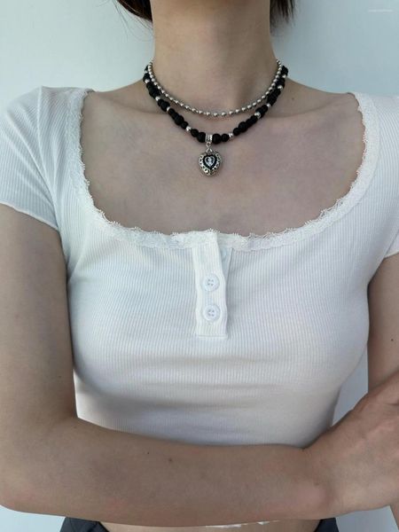 Anhänger Halsketten Punk Schwarz Rosa Stahl Ball Herz Kette Halskette Süße Doppelschicht Koreanische Halsband Für Frauen Partei Schmuck Geschenk