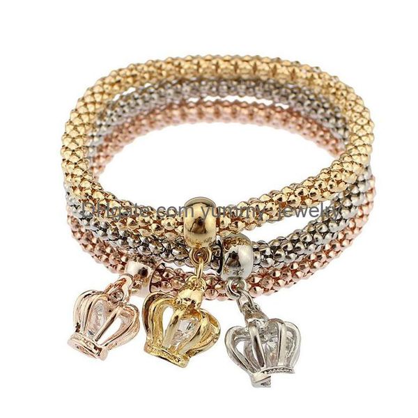 Braccialetti con ciondoli Braccialetti con ciondoli a corona a tre colori Set da 3 pezzi Bracciale con filo elasticizzato in cristallo con zirconi per donna Uomo Fashio elastico Dhjil