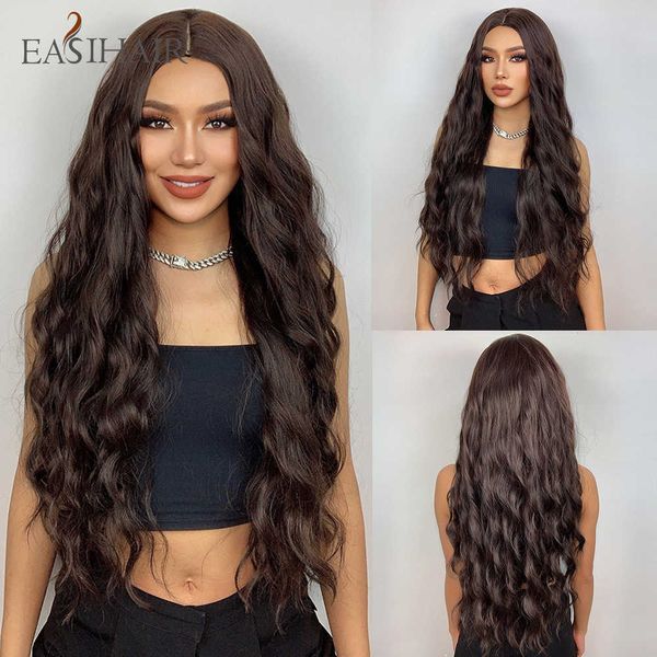 Синтетические парики easihair long темно -коричневые волнистые синтетические парики натуральные волосы для женщин глубоко волна ежедневно косплей теплостойкий 230227