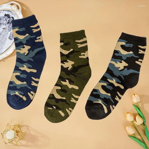 Meias masculinas 3 pares/lote primavera e outono meados de bezerro comércio exterior camuflagem exército verde roupa interior de algodão de alta qualidade