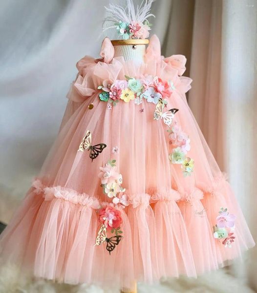 Mädchenkleider Kleine rosa Blume für Hochzeit Kinder Schmetterling Applikationen Party Mädchen Festzug Geburtstag Poshoot Fotos Kleider