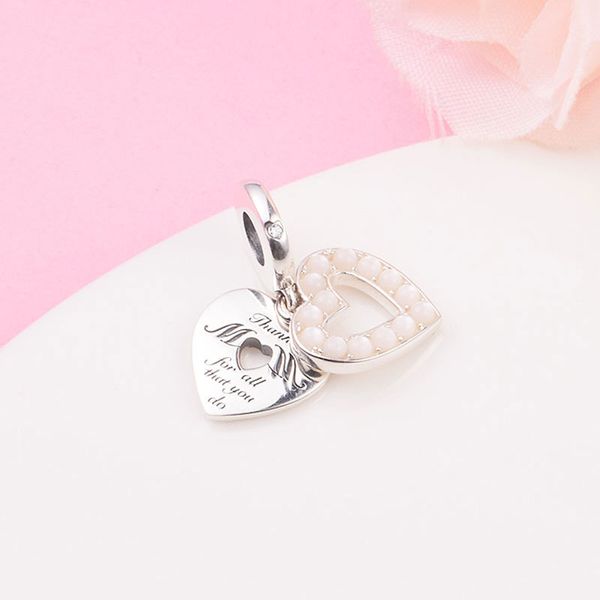 925 Sterling Silver Pearlescent White Heart Mum Double Bead si adatta ai braccialetti con ciondoli stile Pandora gioielli europei
