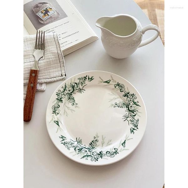 Тарелки 8-дюймовая керамическая тарелка во французском стиле, винтажные растения, круглая плоская фарфоровая посуда с цветочным рисунком, стейк, десерт, торт, послеобеденный чай