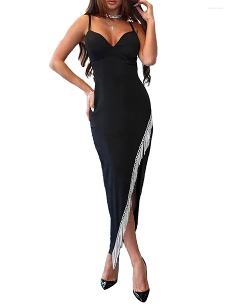 Robes décontractées femmes sexy robe de soirée sans manches été fente longue fête avec des glands de chaîne de strass pour cocktail discothèque plage