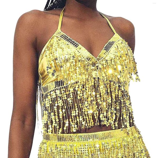 Damen Tanks Pailletten Camis Goldene Quaste Crop Top Damenbekleidung Halter Strap Tank Bauchtanz Club Party Boho Festival Shinny Shirt