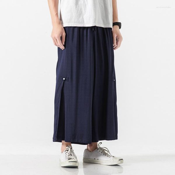 Pantaloni da uomo Stile Hanfu Lino allentato cinese Taglie forti Pantaloni corti casual 2023 Pantaloni dritti a gamba larga Estate Harajuku Hakama Uomo