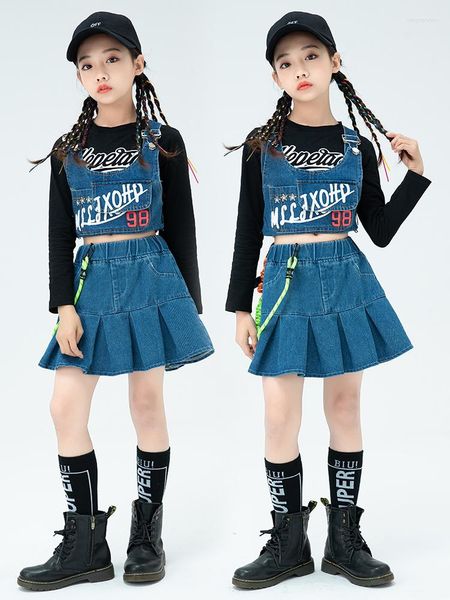 Stage Wear Kpop Girls Jazz Dance Costume Cheerleading Performance Roupet Denim Vest Skirt Hip Hop Modern Rave BL9671