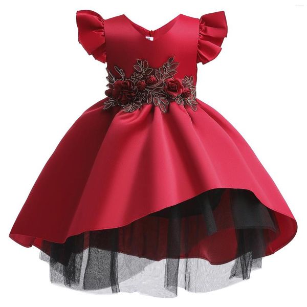 Vestidos de menina elegante princesa renda vestido crianças bordando de flor para meninas infantil infantil festa de natal vestido de baile vermelho