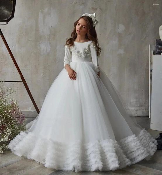 Vestidos da menina vestido de flor branco fofo tule manga comprida babados lantejoulas decorado casamento elegante pequena criança primeira comunhão