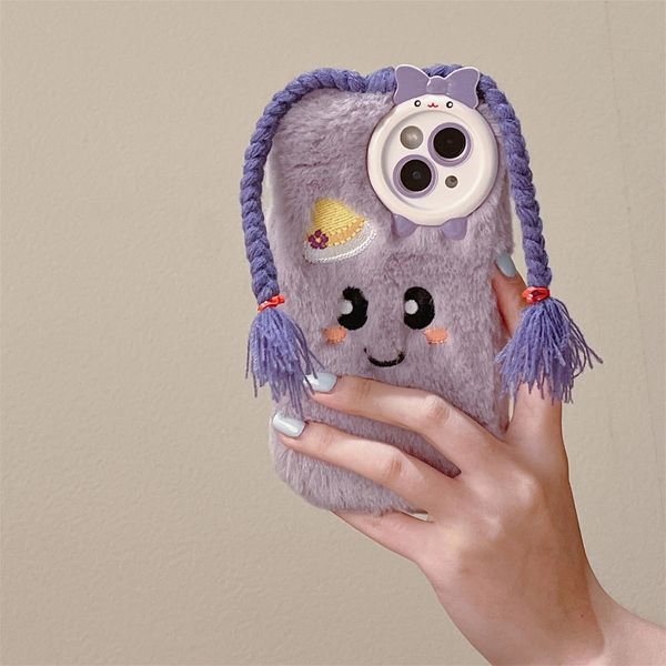 Handyhülle Super Cut 3D lila Plüsch Diy Braid kleine Monster Schleife Kamerahülle für iPhone 11 12 13 14 15 Pro Max Handwärmer 231104