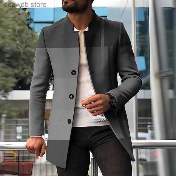 Casaco De Trench Masculino Novo Outono Inverno Listra Geometria Moda Streetwear Casaco Masculino De Negócios Desgaste Ao Ar Livre Turndown Manga Longa M-XL Jaqueta De Poliéster T231104