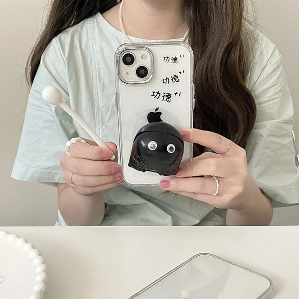 Handyhülle Koreanischer süßer Cartoon transparent schwarz Holz Fischhalter Handyhülle iPhone 15 14 13 11 Pro maximale stoßfeste Abdeckung 231104