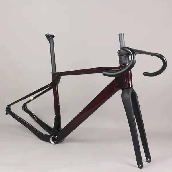 Gravel-Fahrradrahmen GR047 mit vollständig verstecktem Kabel und FO045-Gabel Toray T1000 Carbon Fiber Custom Transparent Red Paint